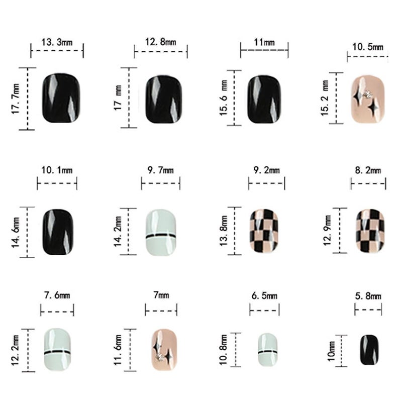 Vezocim Press on Nails Square Short 24Pcs Black Press on Nails Coffin with Plaids Stars Designs Glossy Full Cover Acrylic Short False Nails Glue Fingernails Artificial Fake Nails for Women Girls - Image 3